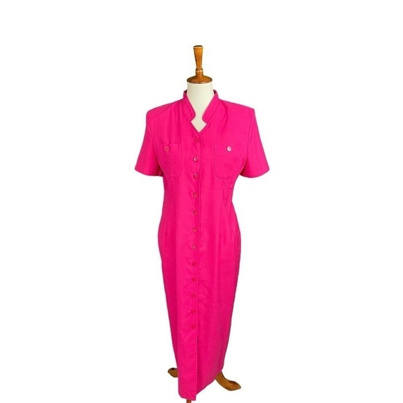 Kathie Lee Collection Shirt Dress Button Down Pink Pockets Shoulder Pads - Picture 1 of 7